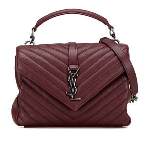 Saint Laurent YSL logo college bag handbag shoulder Wine Red red silver leather